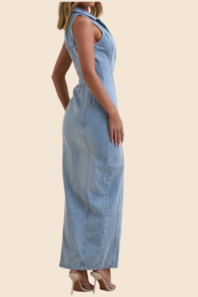 NRTHYE Womens Summer Elegant Sleeveless Maxi Denim Dress V Neck Button Down Bodycon Sexy Long Jean Dresses with Split - Image 6