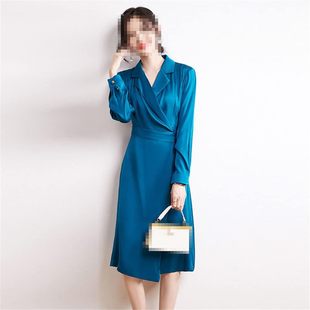 [Youllyuu] 100% マルベリー シルク フルスリーブ ドレス女性ノッチ カラー調節可能なウエスト滑らかなシャイニー ミデ