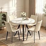 domusdisn 34.6' Round Dining Table Set for 4, Modern Kitchen Coffee Table Set with 4 Upholstered Leather Chairs, MDF Small Space Saving Dining Room Table and Chairs Set (White Table+4 Beige Chairs)