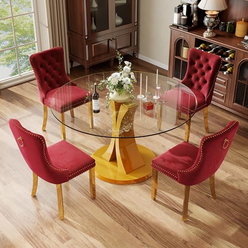 Image of 5-Piece Dining Table Set with 47In Tempered Glass Table and 4 Velvet Upholstered Chairs, Modern Scandinavian Furniture for Dining Room Kitchen(Burgundy&Gold)