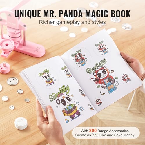 VEVOR Buttonmaker 25/32 / 58 mm 3-in-1-Pinmaker, 300-teilige Buttonteile, Buttonmaker-Maschine mit Panda-Zauberbuch, ergonomisches Stanzset mit Bogengriff, für DIY-Geschenke für Kind