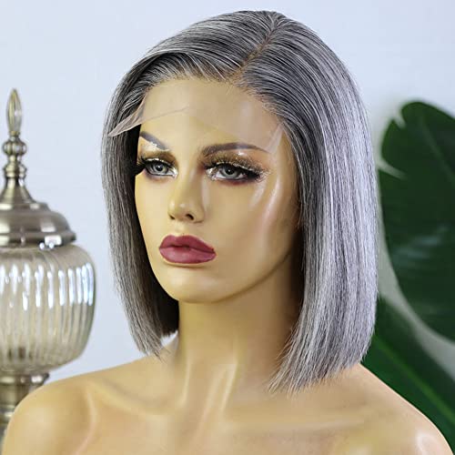 Msfan Salt And Pepper Grey Human Hair Wig 4X2 C Part Straight Bob Grey Lace Front Wigs Human Hair For Women 150% Density 10Inch #TOP2
