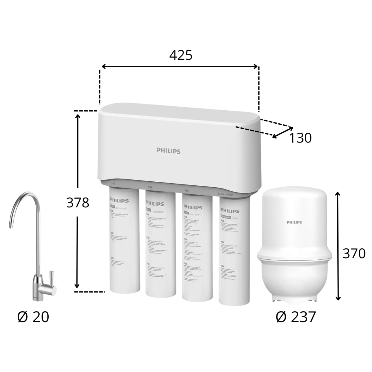 Philips Water 4897099306450 Filtro Grifo, Sistema de Osmosis Inversa Compacto con Tanque 11 Litros, Equilibra el pH del agua filtrada y Mejora el sabor del agua, Facil Instalación, Blanco