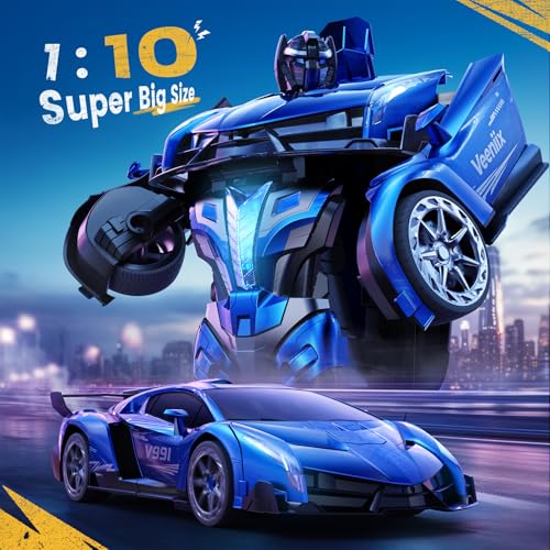 Image of Veeniix V991 Transform Remote Control Car, 1:10 Big Size, 2 Rechargeable Batteries for 70Min, 2.4GHz Gesture Sensing, One-Key Deformation, Robot Toys Gifts for Boys and Girls (Blue)