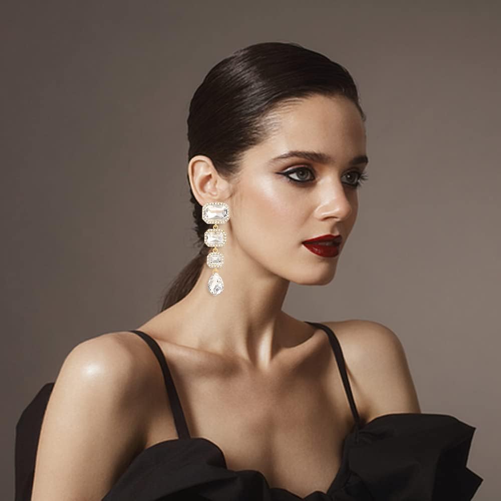 Vintage Rhinestone Drop Dangle Earrings Statement Crystal Dangling Earrings Rectangle Teardrop Chandelier Earrings for Women - Image 7