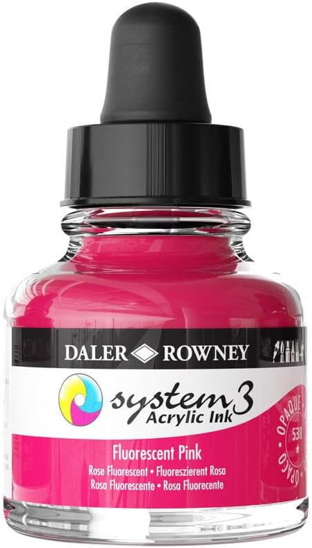 Daler-Rowney System3 Acrylic Ink Bottle Fluorescent Pink 29.5ml - Versatile Acrylic Ink for Artists and Students - Opaque Calligraphy Ink for Drawing Illustrating Airbrushing Dip Pen Ink and More