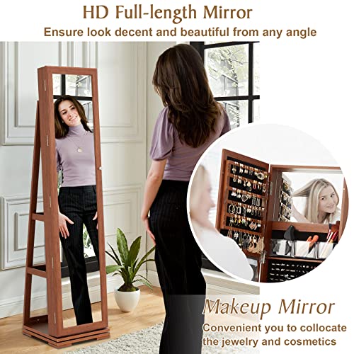 Acipenser Rotating Jewelry Armoire Cabinet, Standing Lockable Jewelry Cabinet Organizer W/Full Length Mirror, Large Storage Capacity, Built-In Makeup Mirror & 3-Tier Back Shelves, Walnut #TOP1
