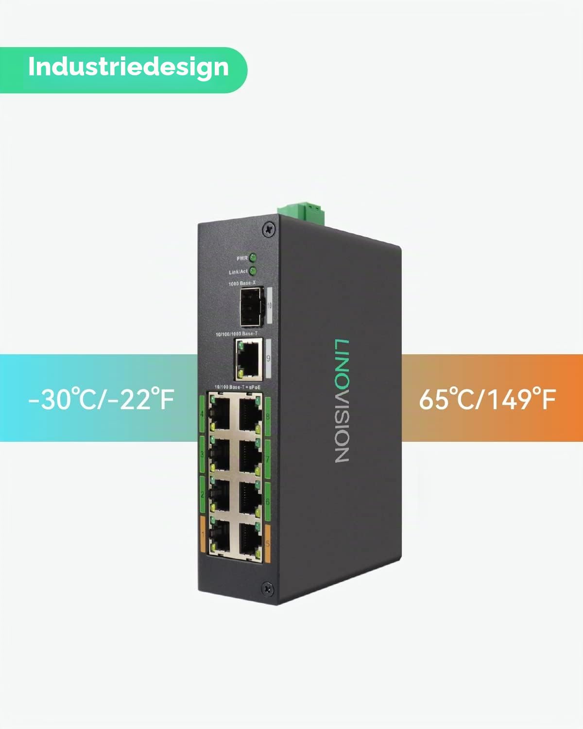 LINOVISION Industrial 8-Port EOC & POE Switch mit 6 EOC-Sendern, PoE mit großer Reichweite über Koaxial- oder UTP-Kabel, vereinfachte Verkabelung, Upgrade des analogen Systems auf IP-System