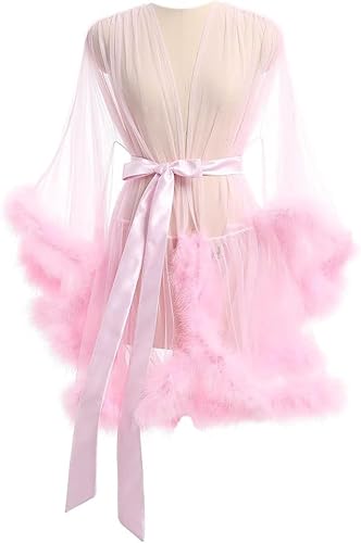 Robes For Women Tulle Robe with Faux Fur Trim, Sexy,Soft and Comfortable,Perfect for Spa Nights and Maternity Photoshoot - One Size - Pink - 1