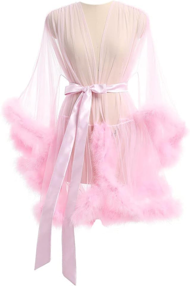 Robes For Women Tulle Robe with Faux Fur Trim, Sexy,Soft and Comfortable,Perfect for Spa Nights and Maternity Photoshoot(US, Alpha, One Size, Regular, Regular, 1, pink)