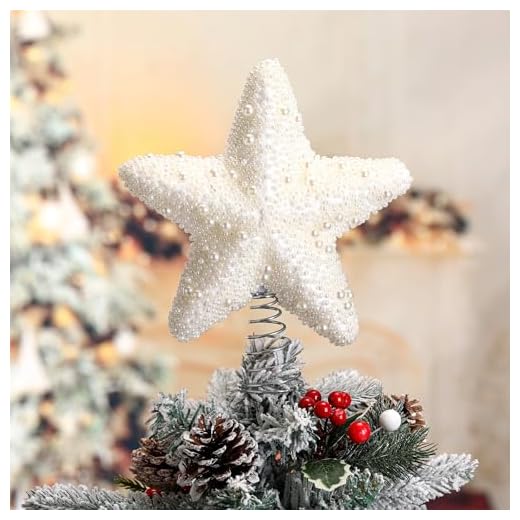 Soulchen Pearl Christmas Star Tree Toppers 8 inch Xmas White Pearl Tree Topper Christmas Decoration for Holiday Decor