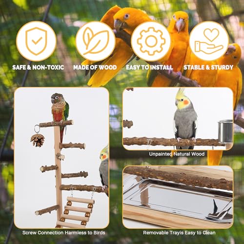 Image of RoseFlower Bird Playground, Parrots Wooden Playstand, Birdcage Playground Play Gym Parakeet Playpen Ladder with Feeder Cup and Tray, Bird Toys Swing Exercise Toy
