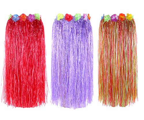 NEWCREATIVETOP 32 Adults Flowered Luau Hula Skirts Pack of 3 Assorted Colors (RedPurpleRainbow)