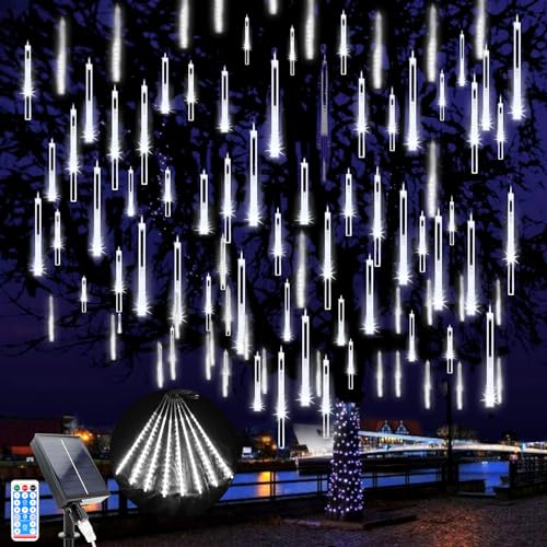 LED Solar String Lights,240 LEDs Snow Falling Romantic Meteor Shower Lights, 10 Tubes 30CM Waterproof Garden Outdoor Christmas Falling Rain Lights for Weddings Party Xmas Tree Decoration (White)