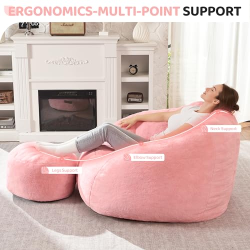 Image of HABUTWAY Bean Bag Chair, Giant Bean Bag Chairs for Adults with Ottoman, Comfy Faux Fur Shell-Shaped Bean Bag Couch, Sofa Chair for Living Room, Bedroom, Pink