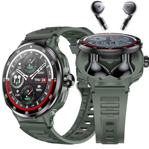 JUSUTEK 2025 新人気 スマートウォッチ+TWSイヤホン一体型,跳ね蓋式隠しイヤホン,1.46インチ大画面丸形腕時計,イヤホン+腕時計Bluetooth通話,女性機能,超低音強化,万歩計,両耳イヤホン,DIY文字盤,NFC機能,電卓,モーション軌