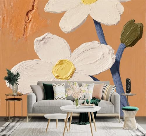XLMING Minimalista Dibujado A Mano Blanco Flores Fondo Amarillo 3D Papel Pintado Pared Premium Textura Seda Estudio Comedor Vinilos Dormitorio Sofás TV Cocina-350cm×256cm