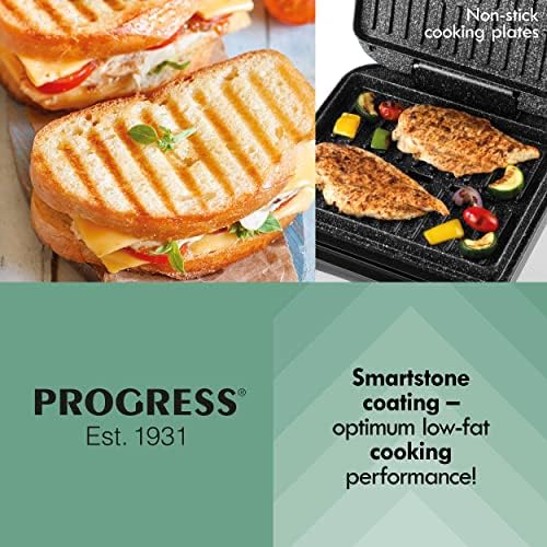 Progress EK4585PMG Smartstone Non-Stick Health Grill+ and Panini Press, Kebab Griddle, Large 27.3 x 24.3 cm Plates, Removable Drip Tray, Fat Drain, Cook with Little/No Oil, Indicator Lights, 1420 W