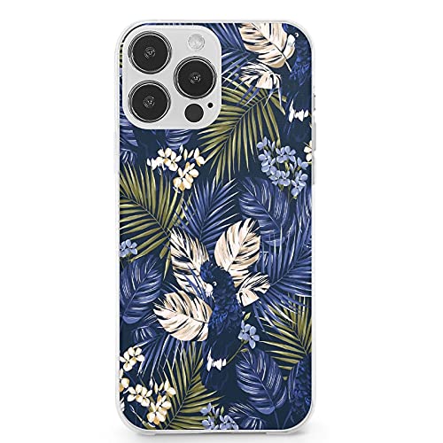 HUHU Case Compatible with iPhone 13 Pro Phone Case Black Protect Bumper Case Cover Blue Parrot Leaves Hawaiian Botanical Pattern Design Shockproof Soft TPU Ultra-Thin Protective Cover