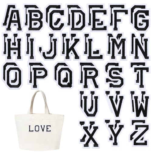 52 letras del alfabeto de la A a la Z para planchar con adhesivo para planchar, para chaquetas, abrigos, camisas, sombreros, bolsos, vaqueros (negro)