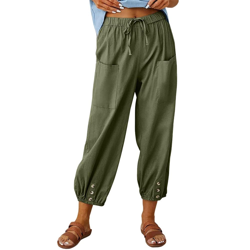 MARSVOVO Womens High Waist Drawstring Cotton Linen Pants with 2 Pockets Straight Wide Leg Capri Cropped Trouser for
