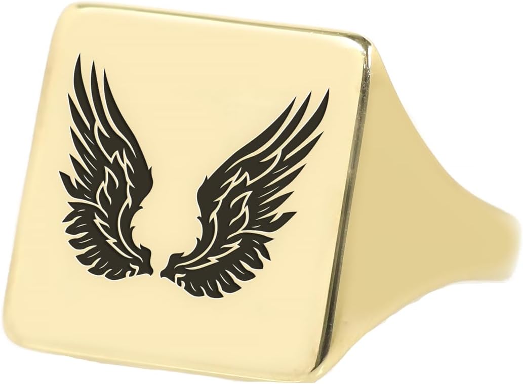 Angelic Wings 14k Gold Ring - Engraved Bold Statement - Unisex Design