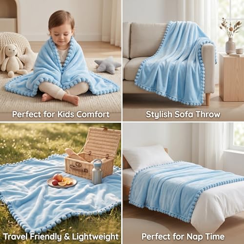 Image of BSB HOME 280 GSM Pom Pom Blanket, Ultra Soft Plush Fleece Throw Blanket with Pom Pom Fringe, Cozy Lightweight Warm Blanket for Sofa, Couch, Bed, Skin Friendly & Easy Care, 45 x 60 Inches - Powder Blue