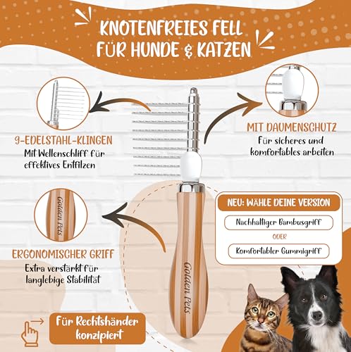 Golden Pets Entfilzer Kamm I Hunde- & Katzenbürste mittel bis langhaar geeignet I Kleine - große Tiere I Abgerundete Zinken I + E-Book Pflegehandbuch