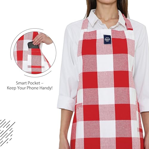 Image of Encasa XO Cotton Cooking kitchen Apron for Women and Men chef apron With adjustable neckstrap, Pocket & Towel Holder for Easy cooking, Baking, BBQ, Gardening- Buffalo Red Checks, 68x85 cm