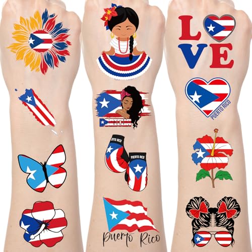 Yoyuspy Puerto Rico Temporary Tattoos - 200+ Puerto Rico Party Decorations, Pr Puerto Rican Flag Tattoo Stickers Gifts Adults, Party Favors Supplies, Class Prizes Rewards