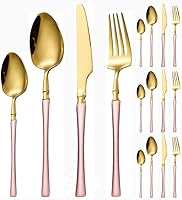 Vista 18 de Juego de 16 cubiertos de acero inoxidable con mango de cintura pequeña, cubiertos de acero inoxidable, cuchillos, tenedores, cucharas para 4