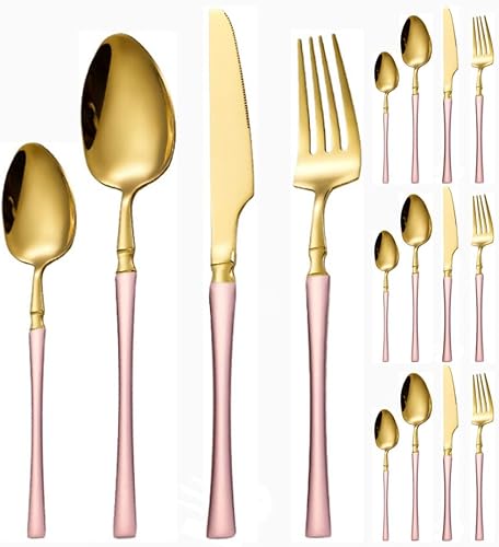 Miniatura 18 de Juego de 16 cubiertos de acero inoxidable con mango de cintura pequeña, cubiertos de acero inoxidable, cuchillos, tenedores, cucharas para 4