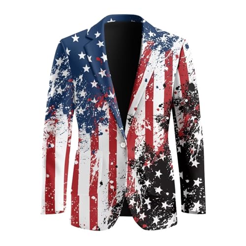 Pwnixequ Independence Patriotic America Flag Men's Casual Blazer One Button Business Suit Jacket Slim Fit Sports Coats Blazers Plus Size Suit Jacket Size S M L XL 2XL 3XL 4XL 5XL