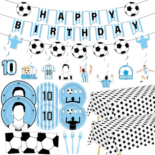 124Pcs Soccer Party Decoration Blue and White Soccer Star Paper Plates Napkins sports Tablecloths Happy Birthday Banner Party Dinnerware for home Birthday Party Supplies Favor