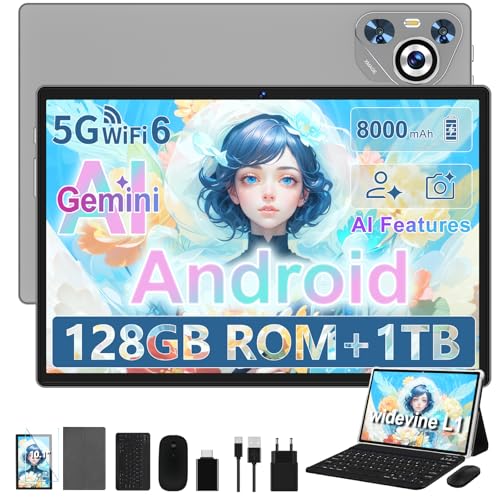 Dghrti 2026 Tablet 10 Zoll Android, 22GB RAM 128GB ROM/TF 1TB, Octa-Core Prozessor, 8000mAh, BT5.0, 8MP+5MP, Dual WLAN, Face ID, Widevine L1, Augenschutz, Tablet mit Tastatur & Maus Metallkörper, Grau