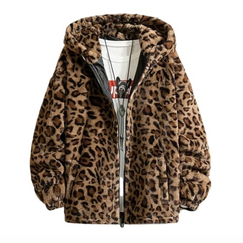 Men's Leopard Print Hooded Jacket Zip Up Fuzzy Fleece Vintage Warm Overcoat with Pockets