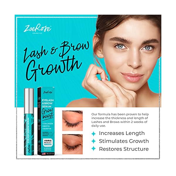 Eyelash-Growth-Serum-Multipurpose-Serum-to-Boost-Lash-Eyebrow-Growth-Made-in-USA-Premium-Eyebrow-Growth-Serum-with-Biotin-Collagen-Keratin-for-Long-Thick-Lashes-and-Eyebrows-7ml ZoeRose COSMETICS Eyelash Growth Serum - Boost Lash & Eyebrow Growth - Premium Eyebrow Growth Serum with Biotin, Collagen & Keratin for Long, Thick Lashes and Eyebrows, 0.25 Fl Oz (Pack of 1)