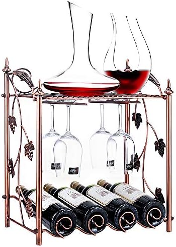 SILKSEA Countertop Wine Rack Freestanding with Wine Glass Rack Metal Wine Holder Storage Stand Organizer for Home Kitchen Décor, Cabinet, Bar, Tabletop Wine Racks Hold 4 Bottle and 6 Glasses, Copper