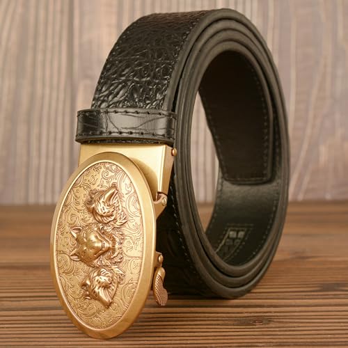 Slide Ratchet Belt With Gold Wolf Buckle - Western Cowboy Crocodile Embossed Leather Strap For Jeans2