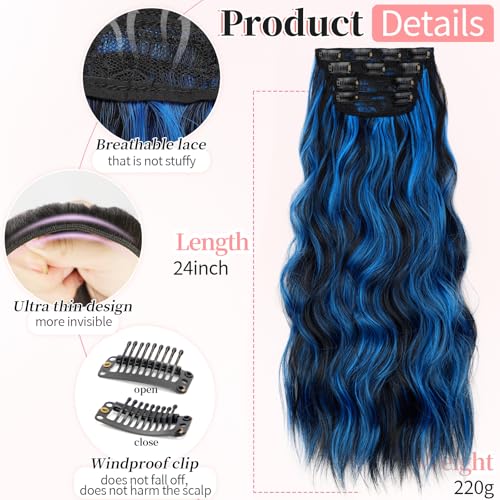 Image of Wavy Thick Clip in Hair Extensions 24 inch Blue - Black Streak | 4 Pieces Clip in Extensions,Fiber Double Weft Hairpieces,Natural Volume,Beach Wave Long Synthetic Hairpieces for Women