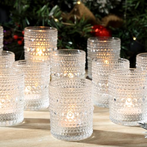 Ligtmor 12 Pack transparent tealight cups, dotted glass tealight holders with embossed dot pattern, romantic vintage candle holders, clear tealight glasses, bohemian style decor