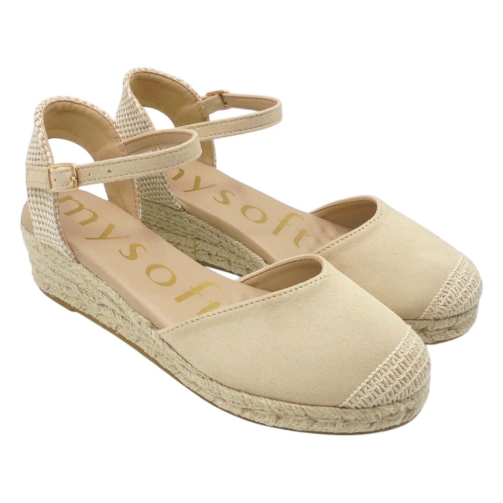 mysoft - 25M102 Alpargatas de Mujer Platino con Cuña 4 cm, Plataforma 2 cm, Cierre de Hebilla, Planta de Gel Acolchada y Puntos de Relajación para: Mujer