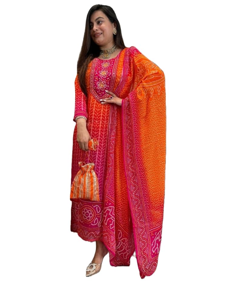 Image of GoSriKi Women's Rayon-Viscose Straight Kurta Set with Multicolor Bandhej Print - 3 /4 Sleeves, Calf-Length Kurta + Pant & Dupatta - Comfortable & Festive Ethnic Wear