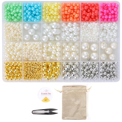 Image of ambitieux DIY Bracelet Making Kit - 24 Colorful Beads, 10m Elastic Thread, Jute Bag, and Cutter - Gift for Girls Birthdays (Pearl Beads)