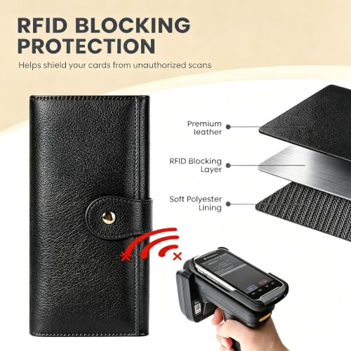 Image of Professional RFID Blocking Wallet for Women - Genuine Leather Work Purse with Phone Pocket, Large Capacity Organizer for Credit Cards, ID, Cash & Office Essentials (Black)
