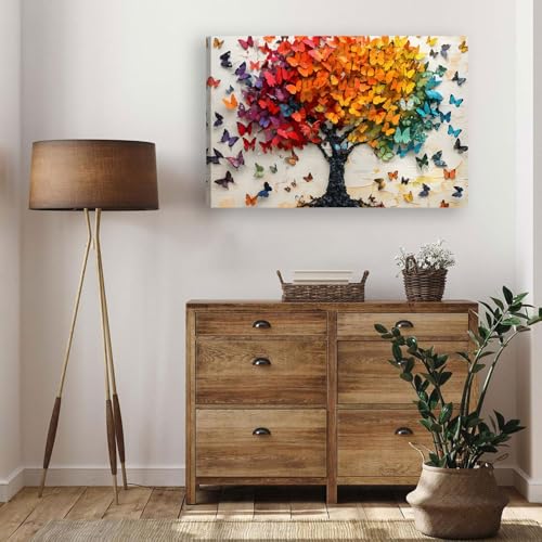 Pormipone 2D No Texture Tree of Life Canvas Wall Art Colorful Butterfly Wall Decor, Cute Butterfly Picture for Wall Living Room Bathroom Bedroom Home Decoration 16 * 24 in (Poster No Frame) — view 3