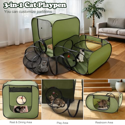 Tivray Cat Playpen, 3-in-1 Pop-up Outdoor Cat Enclosure, Green by Tivray - Image 2