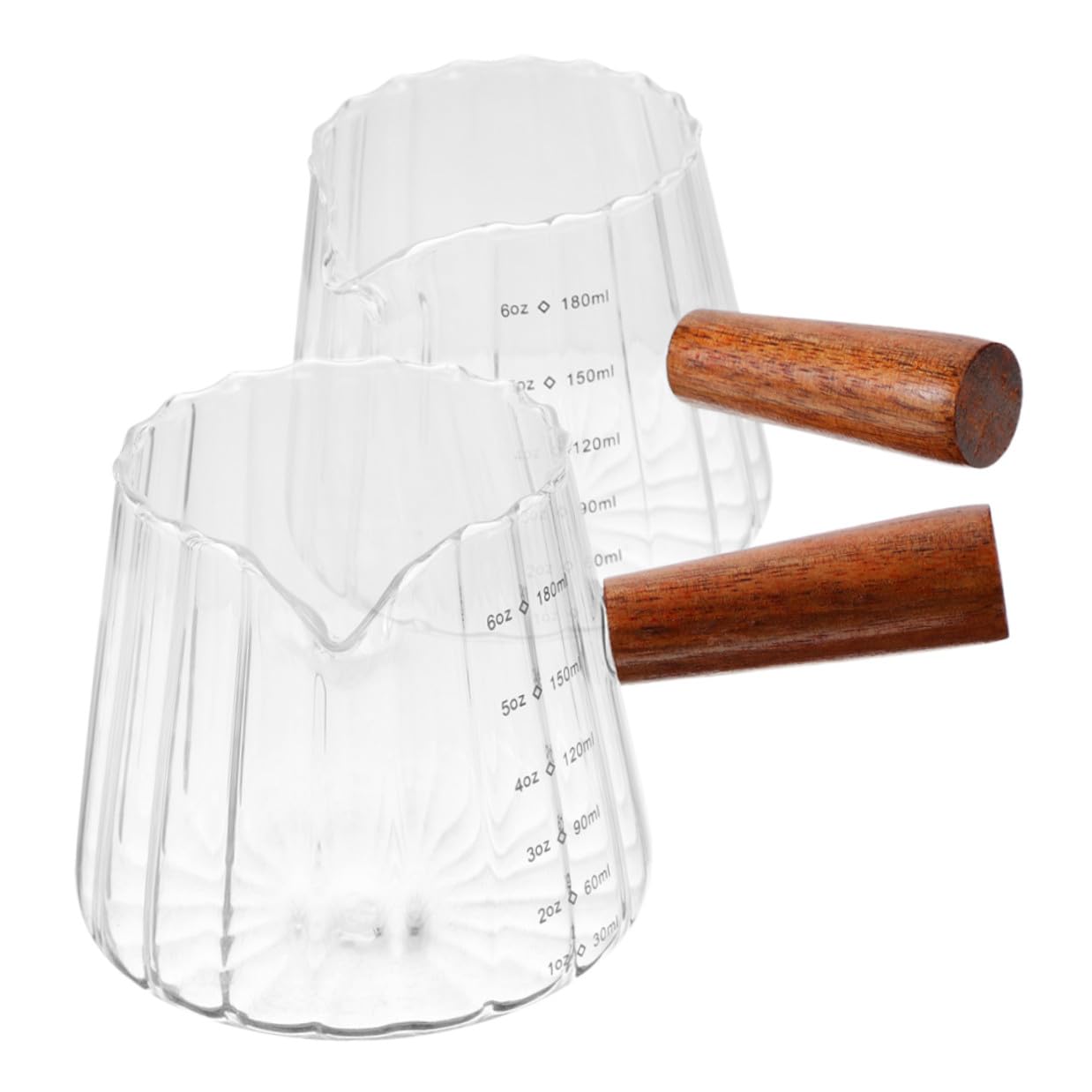 2 piezas Jarras Medidoras para Leche con Mango de Madera Vaso Pequeño para Espresso y Medidor Multifuncional para Cocina Transparente