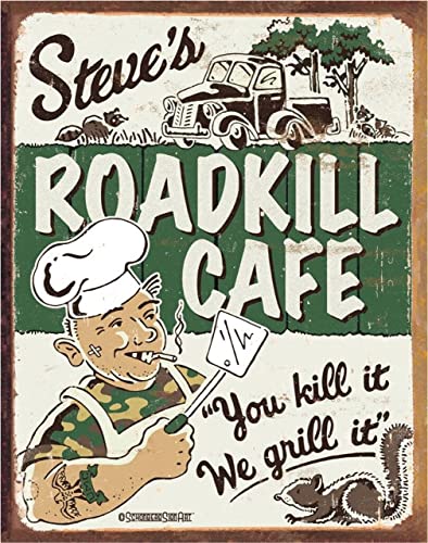 Desperate Enterprises Schonberg - Steve's Roadkill Cafe Tin Sign - Nostalgic Vintage Metal Wall Decor - Made in USA