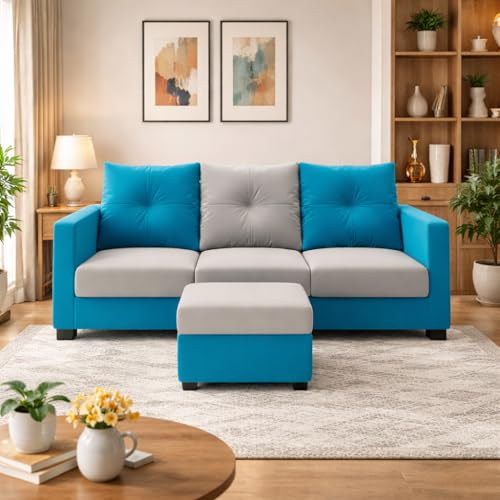 Image of FURNY Amonster 4 Seater L Shape Sofa Set with Movable Ottoman | Flexible Left or Right Layout | Plush Velvet Fabric (Aqua Blue-Light Grey) | Perfect for Living Room, Guest Room & Office